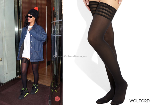Rihanna was spotted in London, England leaving her hotel wearing Ray Ban Wayfarer sunglasses, Nike Air Force 180 sneakers, B Side by Wale bobble hat, a denim jacket from Adam Kimmel x Carhartt, and Wolford Velvet de Luxe 50 denier stay up tights.
